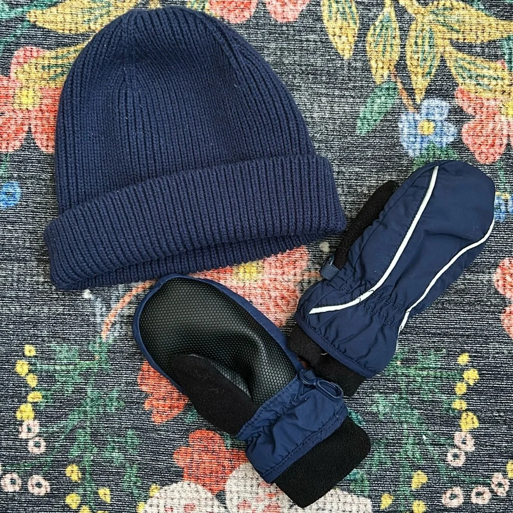 Gap Toddler Navy Blue Toddler Beanie Hat & Mittens Bundle, Size M/L